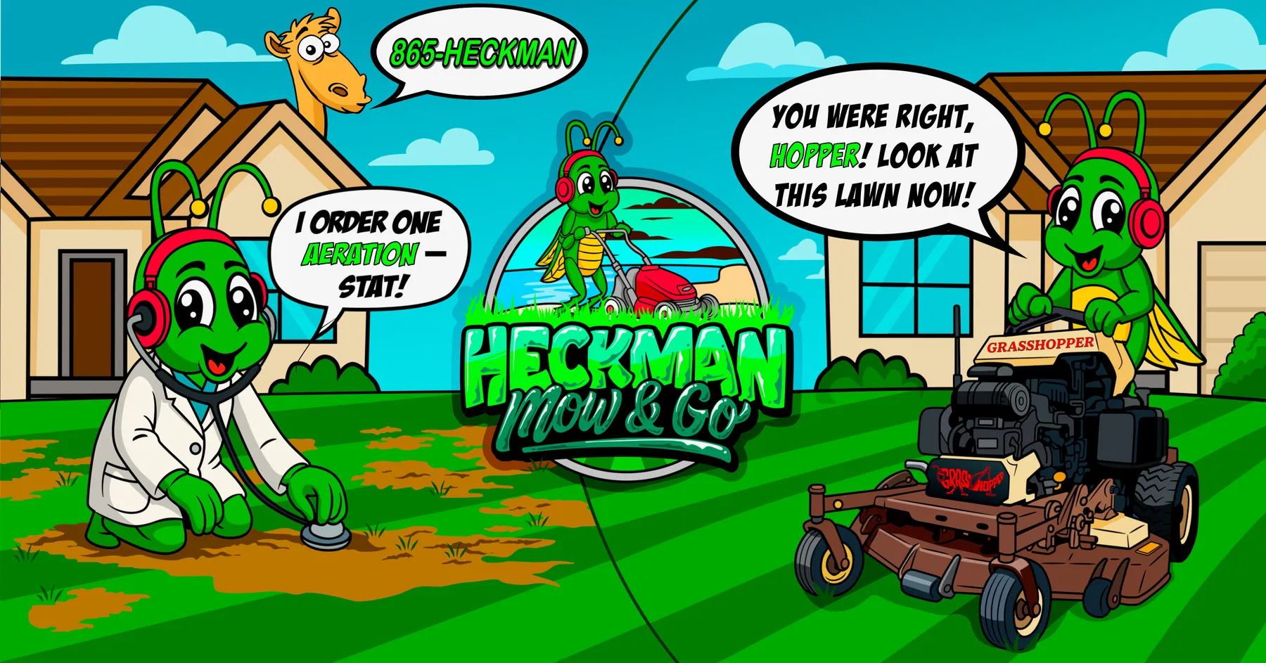 Heckman Mow & Go cartoon: a grasshopper in a lab coat listens to a patchy, bare lawn with a stethoscope and calls for an aeration, while another grasshopper mows a healthy striped lawn on the other side