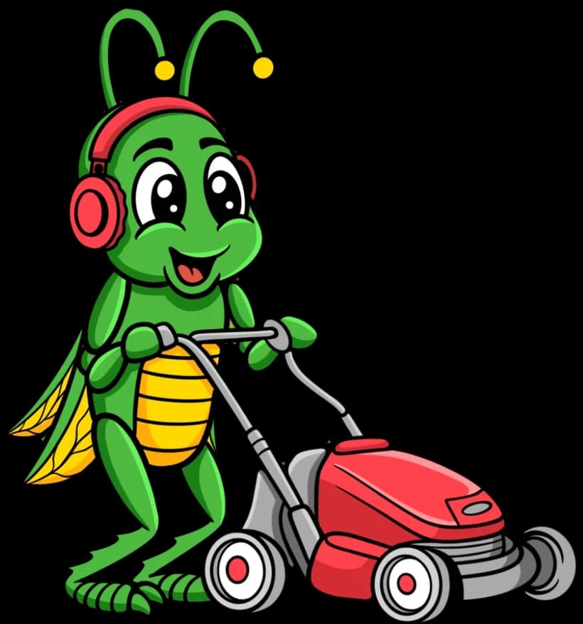 The Heckman Mow & Go grasshopper pushing a red lawn mower