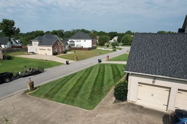 Crisp mowing stripes across a corner lot in a residential neighborhood