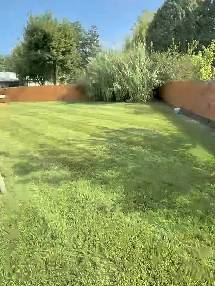 View across a fenced back yard mowed in even stripes, with the compact stand-on mower parked on the grass