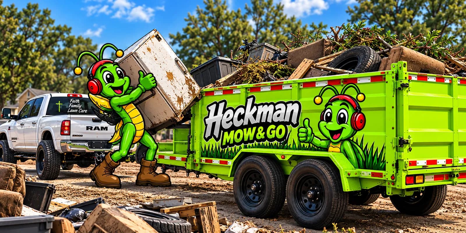 Illustration: the Heckman Mow & Go grasshopper loading an old appliance into a green Heckman dump trailer